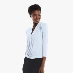 M.M. LaFleur Light Blue Faux Wrap Top